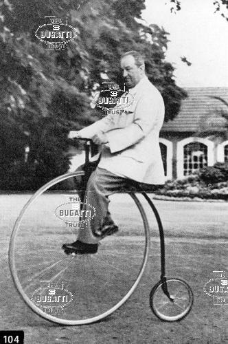 104. Ettore Bugatti on a “modern” penny-farthing at Molsheim